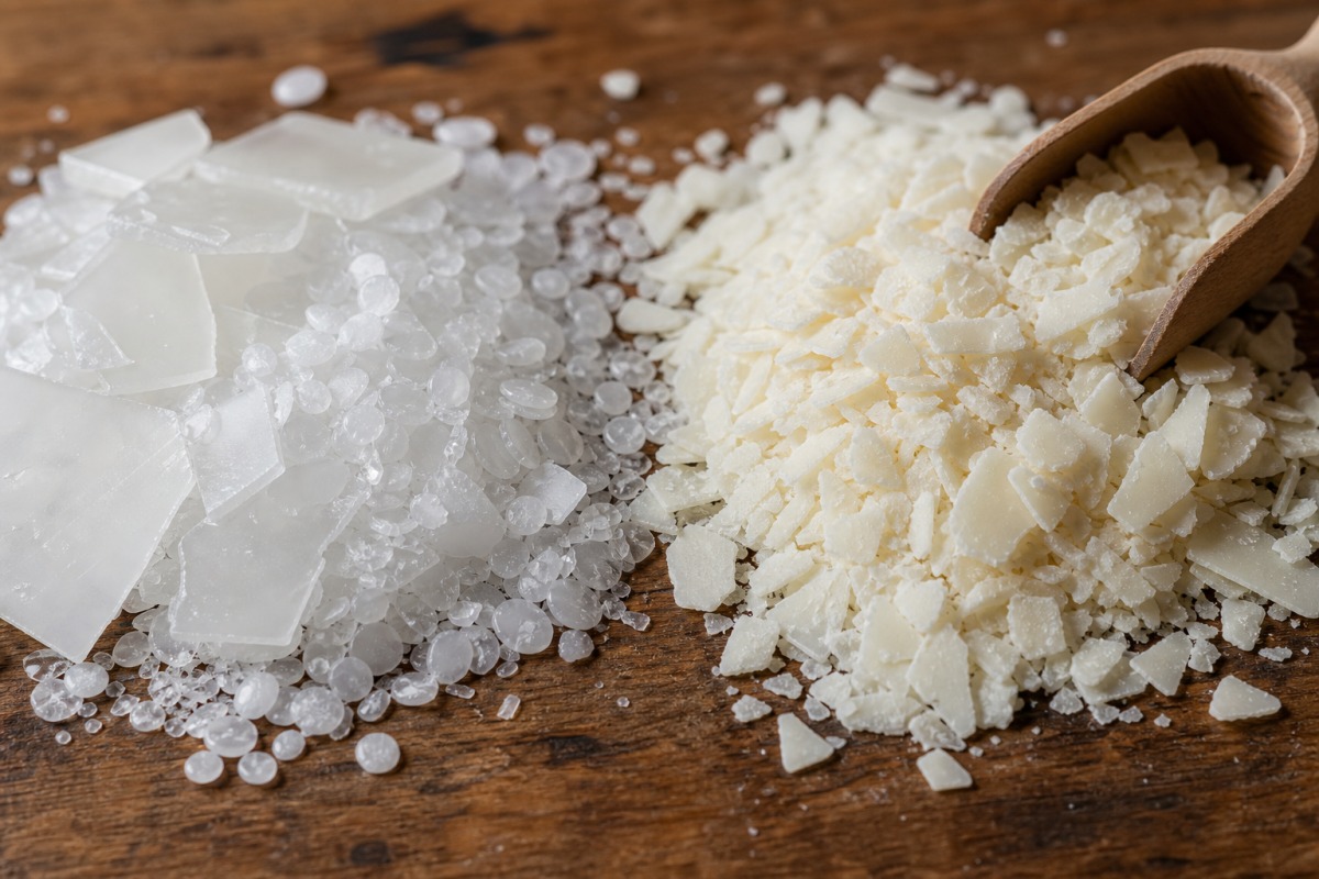 Glänzende Paraffinpellets neben matten cremefarbenen Sojawachsflocken auf einem Holztisch