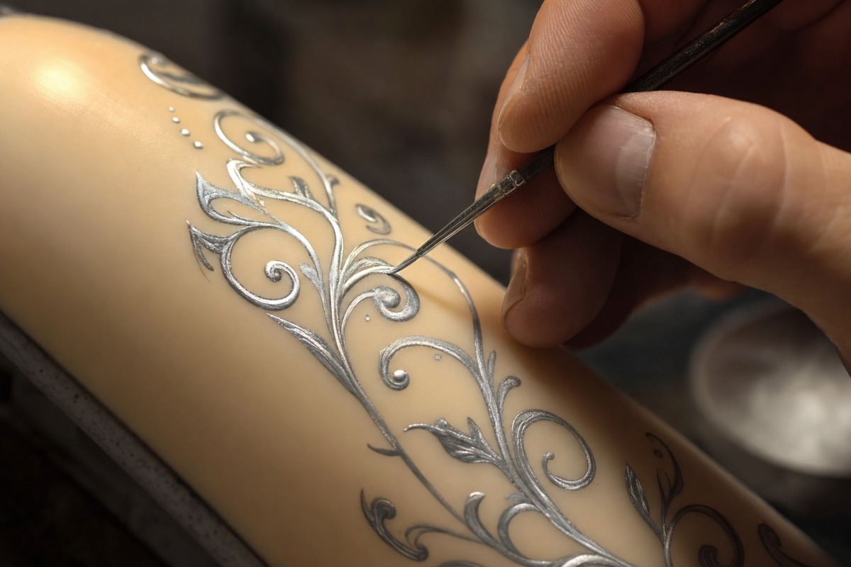 Ein silbernes Ornament wird mit einem feinen Pinsel von Hand auf die Kerzenoberfläche gemalt