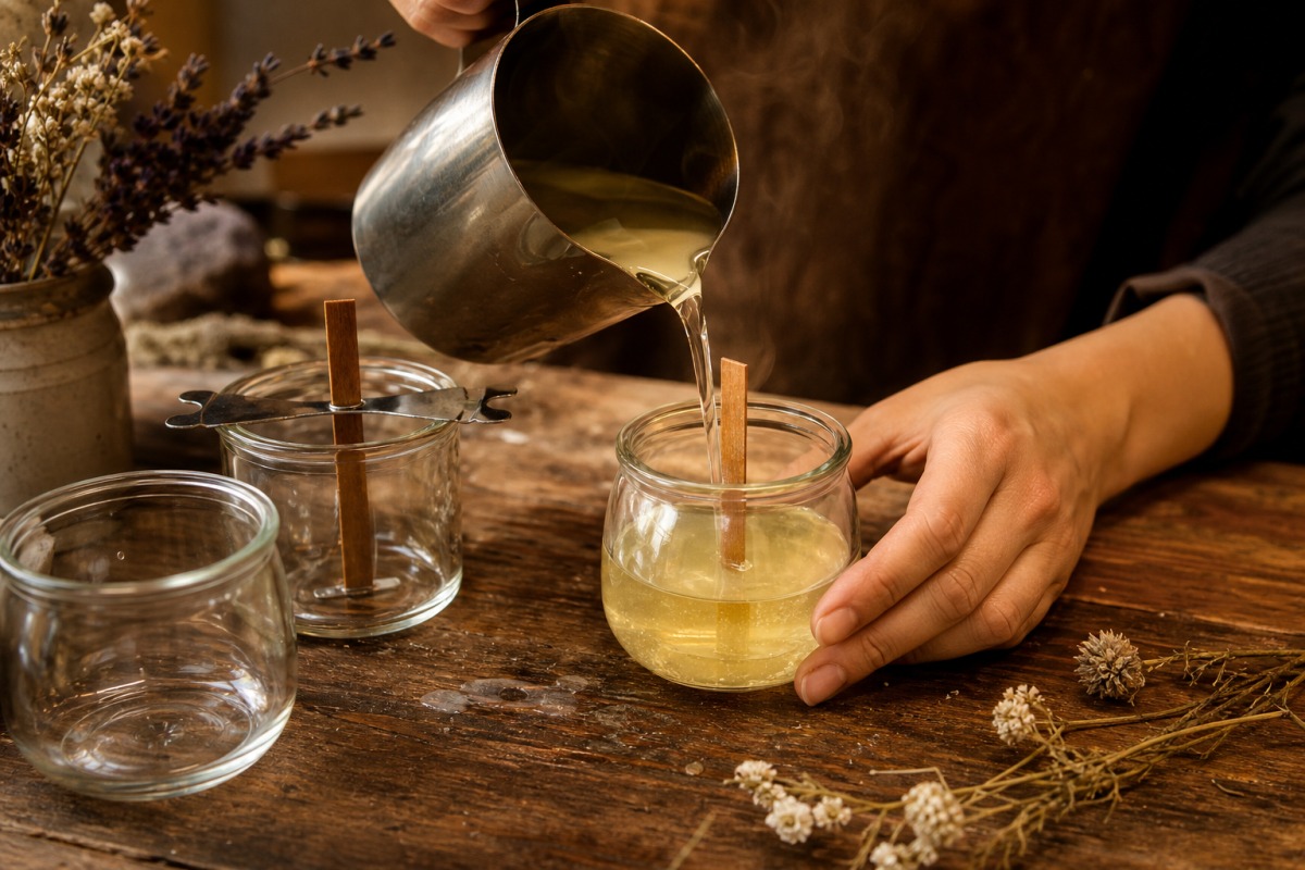 Handgießen von geschmolzenem pflanzlichem Wachs in ein Glas mit Holzdocht in der Werkstatt