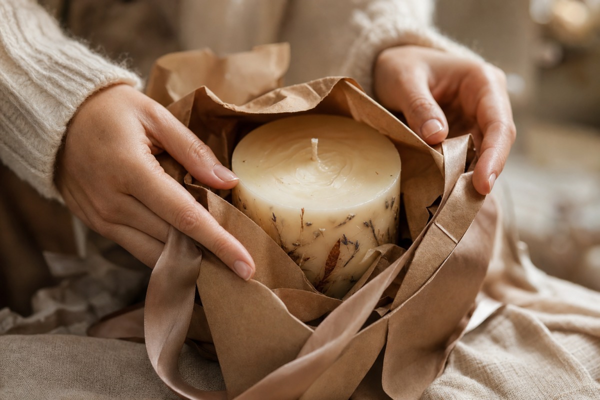 Nahaufnahme von Händen, die eine handgefertigte Kerze aus Geschenkpapier auswickeln