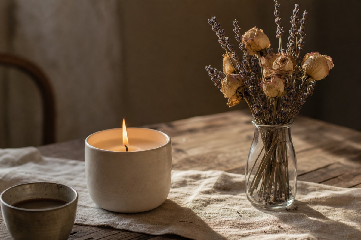 Sauber brennende Kerze im Keramikgefäß links und davon getrennt rechts eine Glasvase mit getrockneten Rosen und Lavendel