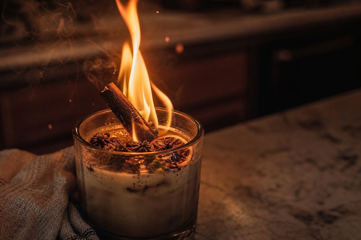 Kerze auf einer Küchenarbeitsplatte mit hoch auflodernder Flamme um eine glimmende Zimtstange und eine getrocknete Orange