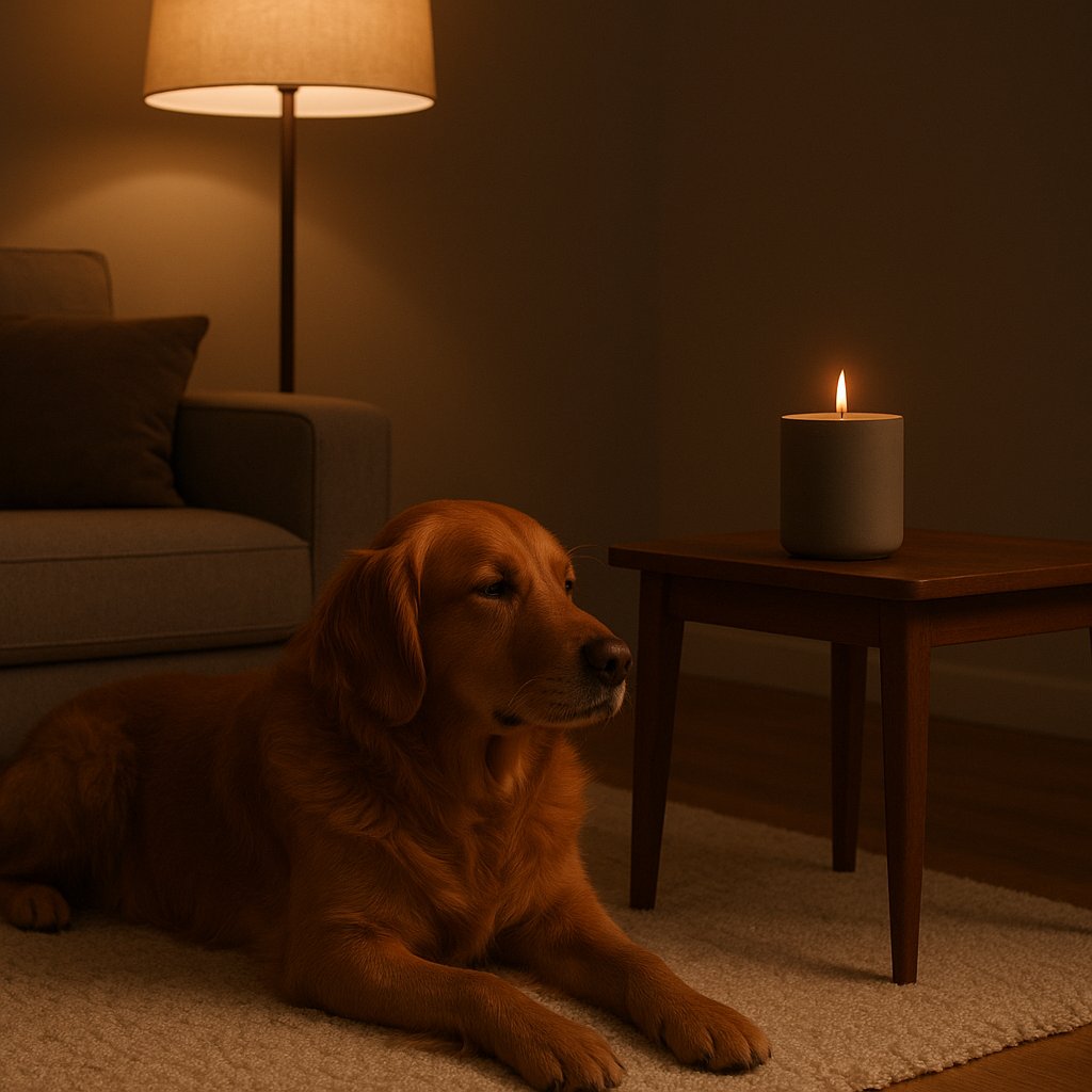 Hund neben einer duftfreien NOBAMO-Kerze auf einem hohen Ständer, ruhige Abendszenerie mit gedämpftem Licht