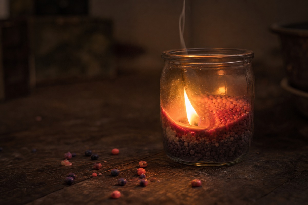 Flamme in einem Glas mit Granulat, die nahe der dünnen Glaswand brennt, verstreute Wachskörnchen auf dem Tisch.
