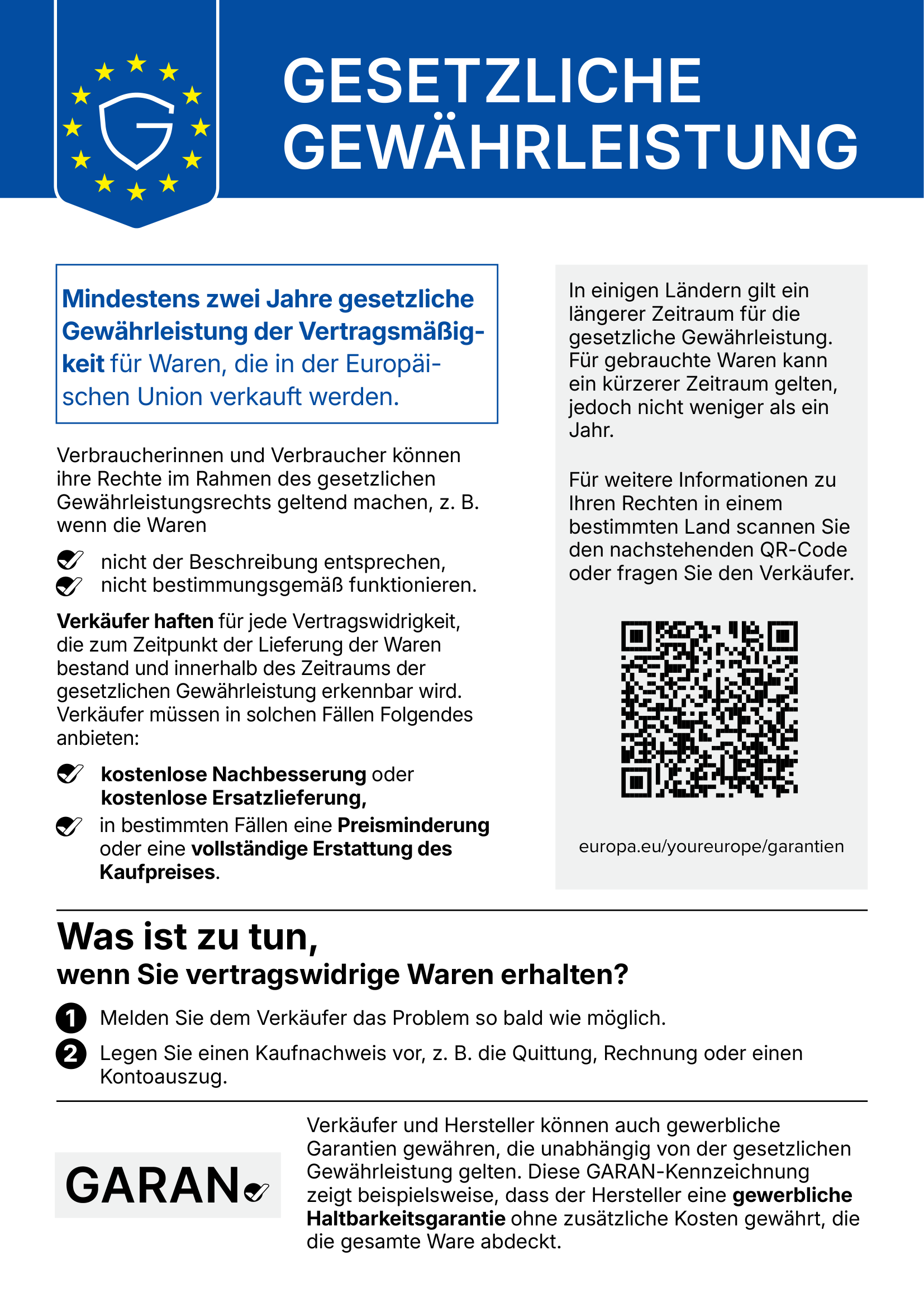 Hinweis zur gesetzlichen zweijährigen Konformitätsgarantie in der EU