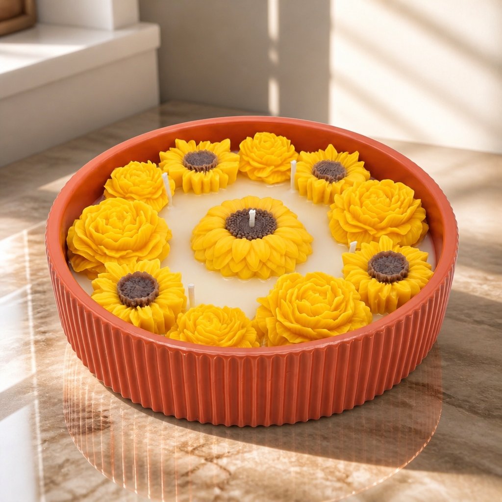 Kerze Sonnenblume - Ziegelrot / Limette, Honig, Milch